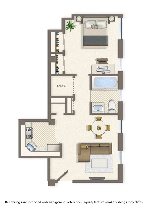 Floor plan for 1 bed, 1 bath, 457 sqft